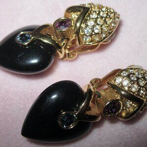 VINTAGE JOAN RIVERS DOUBLE HEART W/BLACK HEART CLIP EARRINGS-EXCELLENT